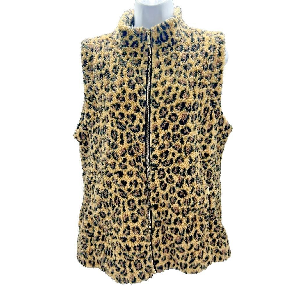 CALVIN KLEIN Faux Fur Leopard Animal Print Vest Zip Front Pockets Maximalist